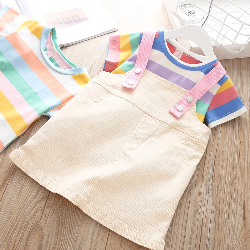 

Girl Rainbow Striped Tops Suspender Skirt Set Kids Wholesale Lots Bulk Clothes Toddler Summer Outfits Casual Clothing Set 2019