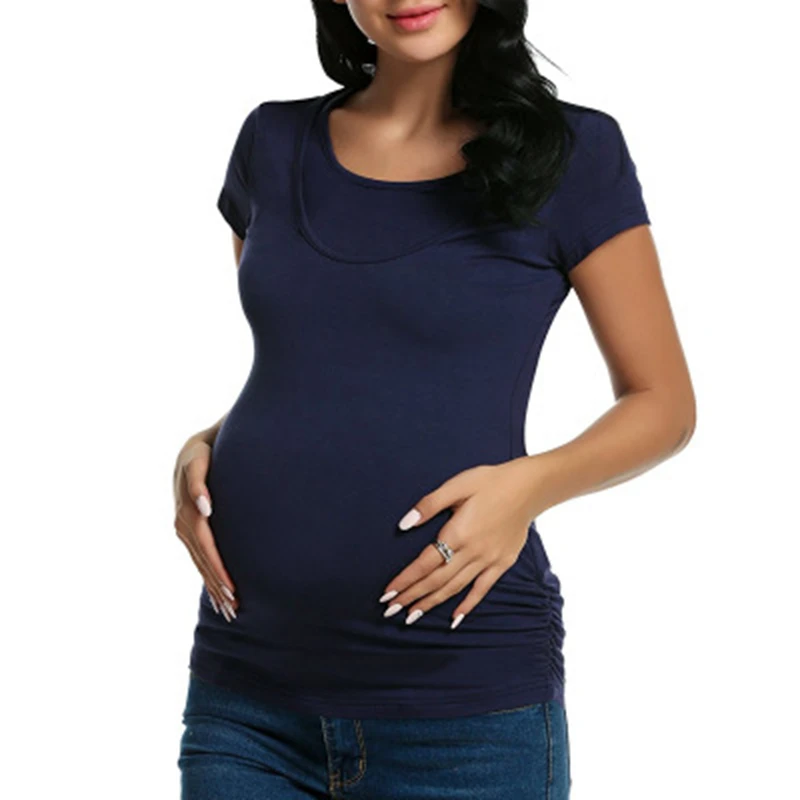 

Summer 2019 Women Maternity Clothes Ropa Embarazada Tee Shirt Tops Pregnancy T-Shirt Casual Flattering Side Ruching shirt LC0003