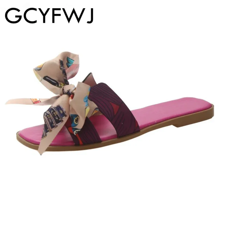 GCYFWJ/женские шлепанцы; коллекция года; сезон лето; разноцветная лента с бантом уличные лоферы; женские модные Нескользящие пляжные сандалии на плоской подошве