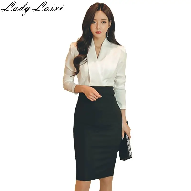 2018 Autumn High Quality Ladies Office Wear Long Sleeve White Patchwork ...