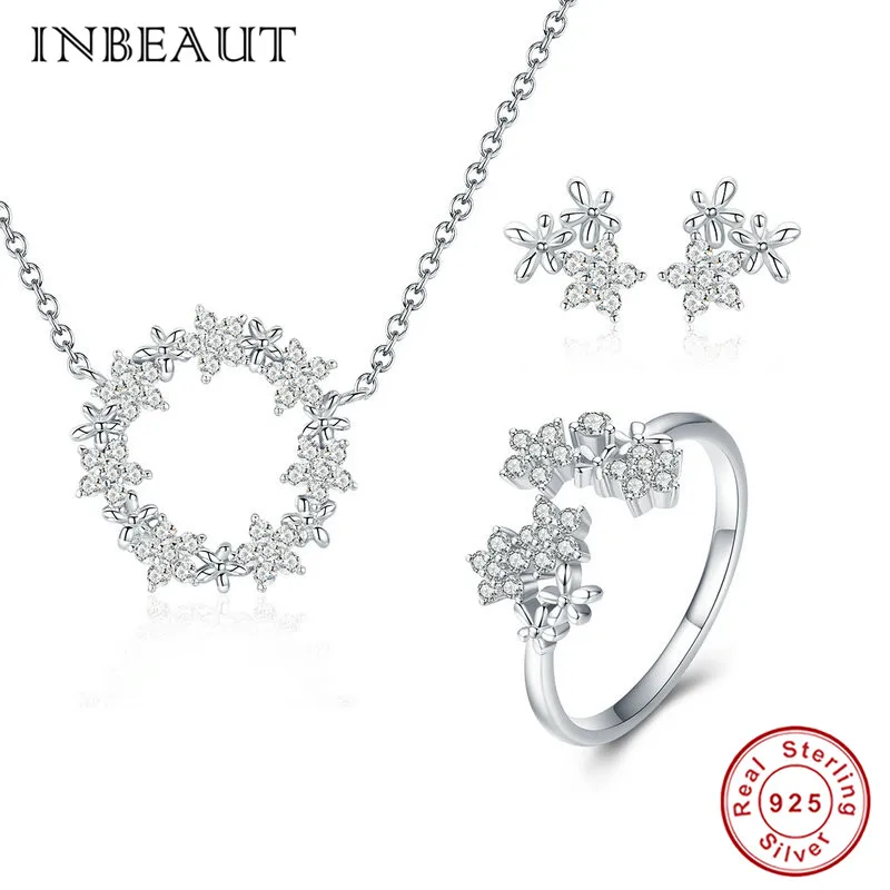 

INBEAUT 2019 Party Jewelry Set 100% 925 Sterling Silver White Cubic Zirconia Daisy Ring Flower Zircon Stud Earrings&Necklace