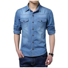Men Shirt 2017 New Fashion Casual jeans Shirt Long Sleeve male Size S-5XL LEFT ROM Cotton The cowboy blue clothing Hot sale Top