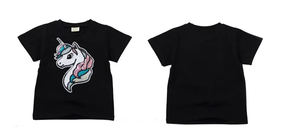 VOGUEON/Летняя футболка для девочек; волшебная футболка в блестках с единорогом; повседневная одежда для детей; модная черно-белая футболка с короткими рукавами и рисунком