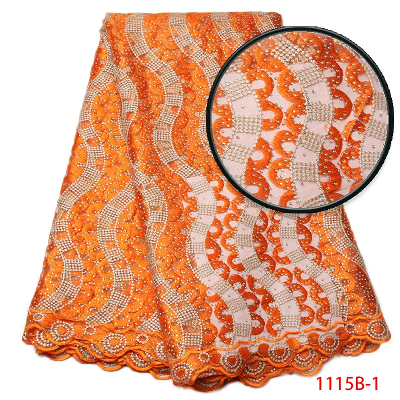 Orange Nigerian Lace Fabrics For Wedding, Wave Embroidery Lace Fabric