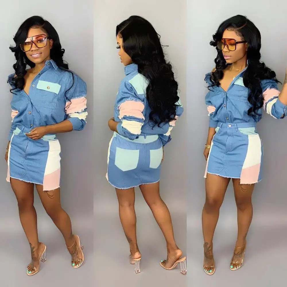 

Blue Denim Fashion Loose Women Tow Piece Suits Patchwork Washed Denim Shirt With Denim Skirt Dress Suits