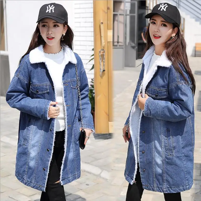 

Very Warm Winter Female Jacket 2019 New Long Denim jacket fur women High Quality Bomber Jacket For Women Thicken warm Jeans Coat
