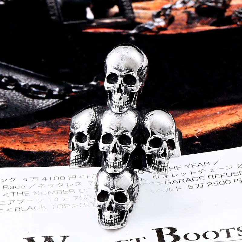 BEIER Stainless steel Unique Heavy Metal Biker Cross and 5 skull Boys ring product fine jewelry for man party supplies BR8-558