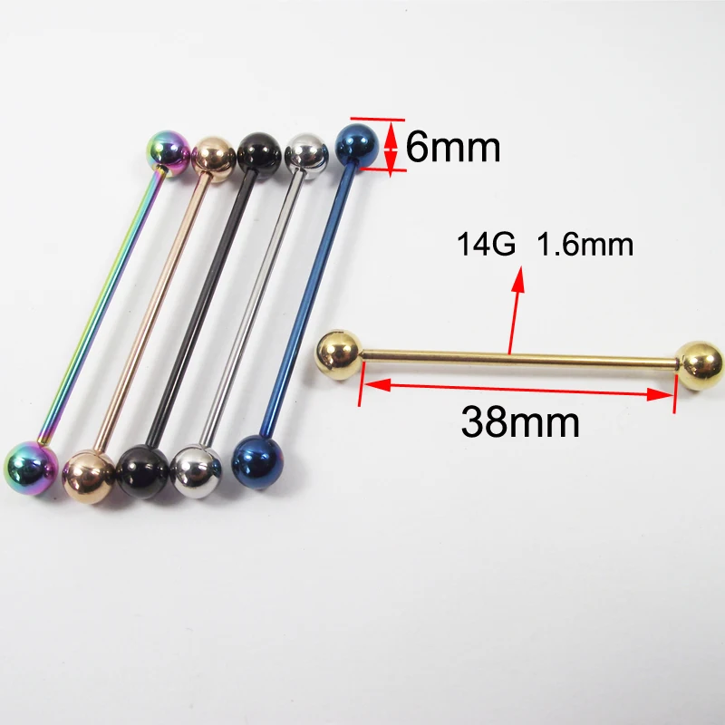 2 шт. 1,6x38x6 мм 14 г Модные Длинные Промышленные прямые штанги из нержавеющей стали, шип, шарики, пирсинг, ювелирные изделия для тела