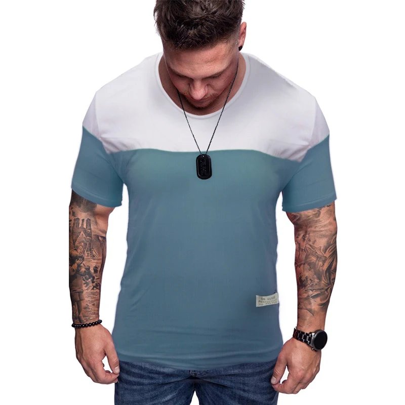 

O Neck Men's Summer Short Sleeves Patchwork Cotton T-Shirt Bodybuilding Tops Slim Fit Tee Fashion Male Clothing New D40
