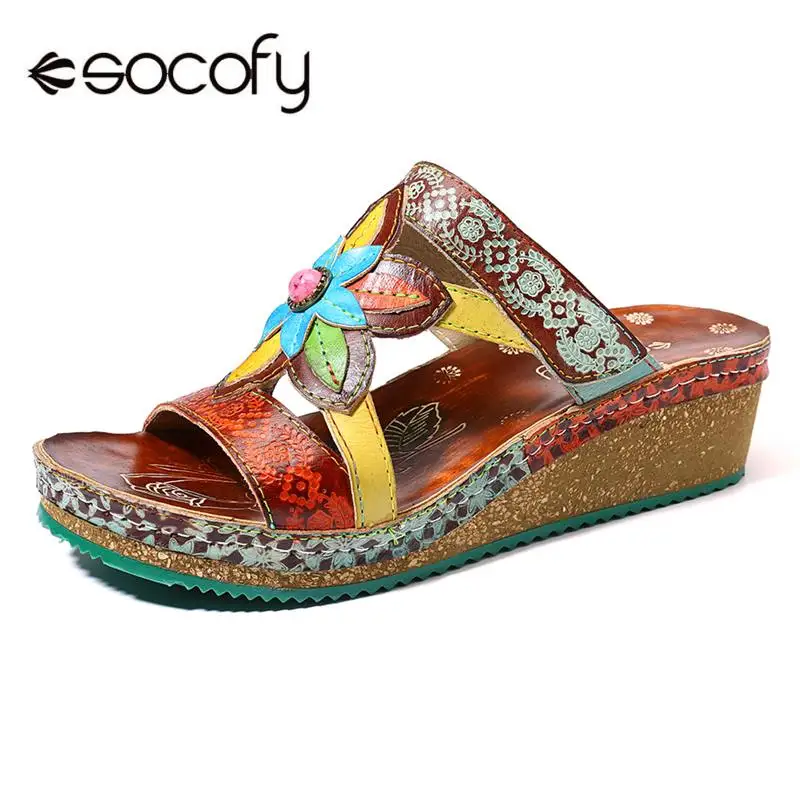 

SOCOFY Retro Flowers Sandals Pattern Hand Painted Genuine Leather Comfortable Hook Loop Wedge Heel Sandals Elegant Women Shoes