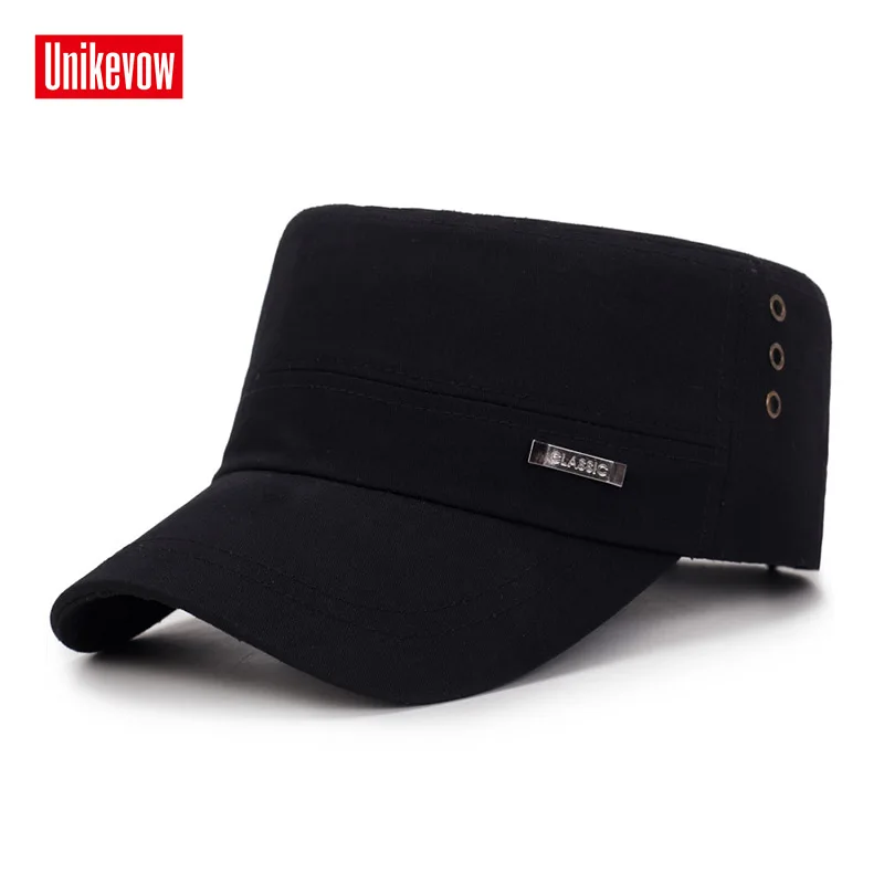 UNIKEVOW Solid classic military cap Breathable flat top Hat for men
