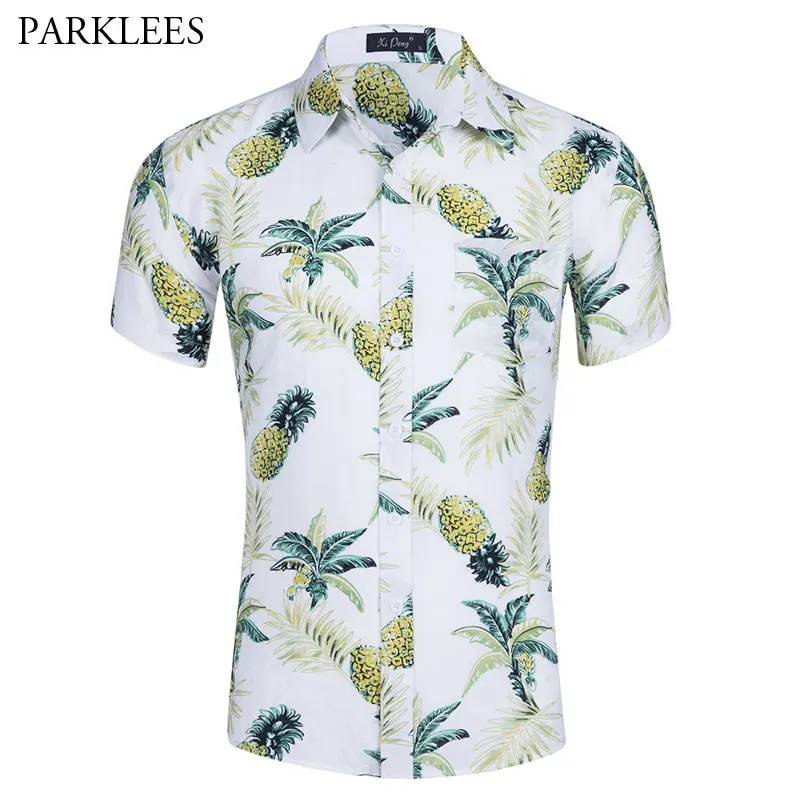 Mens Stylish Pineapple Print Hawaiian Shirt Brand Casual Slim Fit Beach