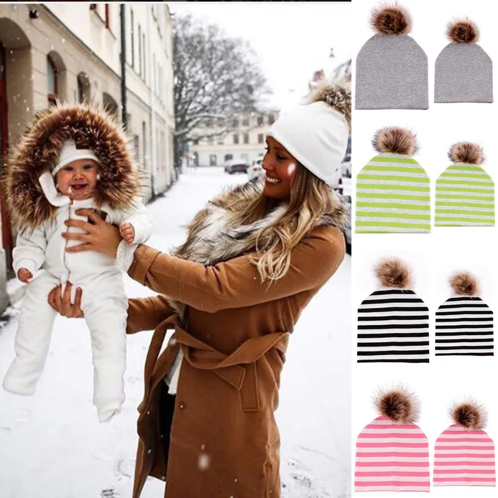 

Puseky 2Pc/Set Winter Warm Double-Layer Cotton Striped Cap Fur Pompom Ball Beanies Cap Mom Baby Boys Girls Family Matching Hats