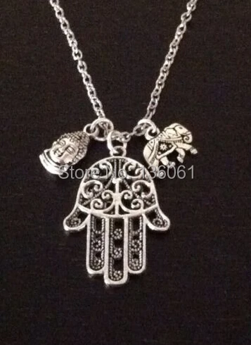 

10pcs Vintage Silvers Elephant Buddha& Hand Fatima Necklace Pendants Boho Novelty Choker Necklaces For Women Jewelry P2236