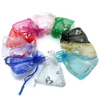

100pcs 7x9cm/9X12cm Promotion Birthday Decorations Kids Supplies Random Mixed Bronzing Drawable Organza Gift Bag Pouches
