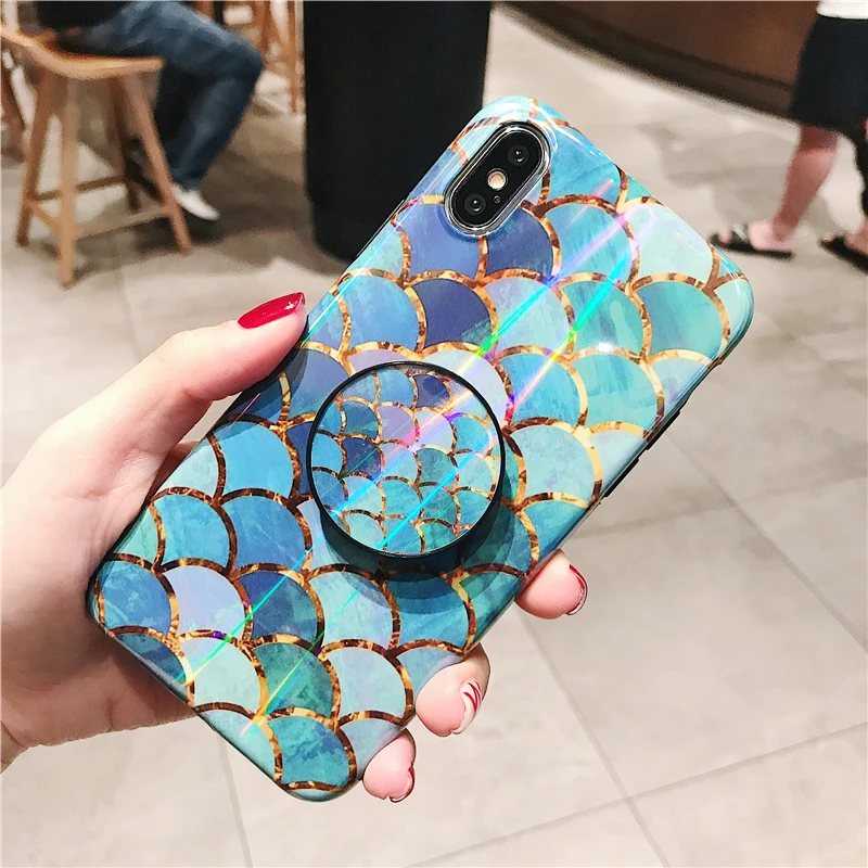 Shiny mermaid scales laser phone cases for iphone 7 8 X XR XS Max 6 S 6s 7 8 plus Ring air bag Stand holder Grip case back cover (8)
