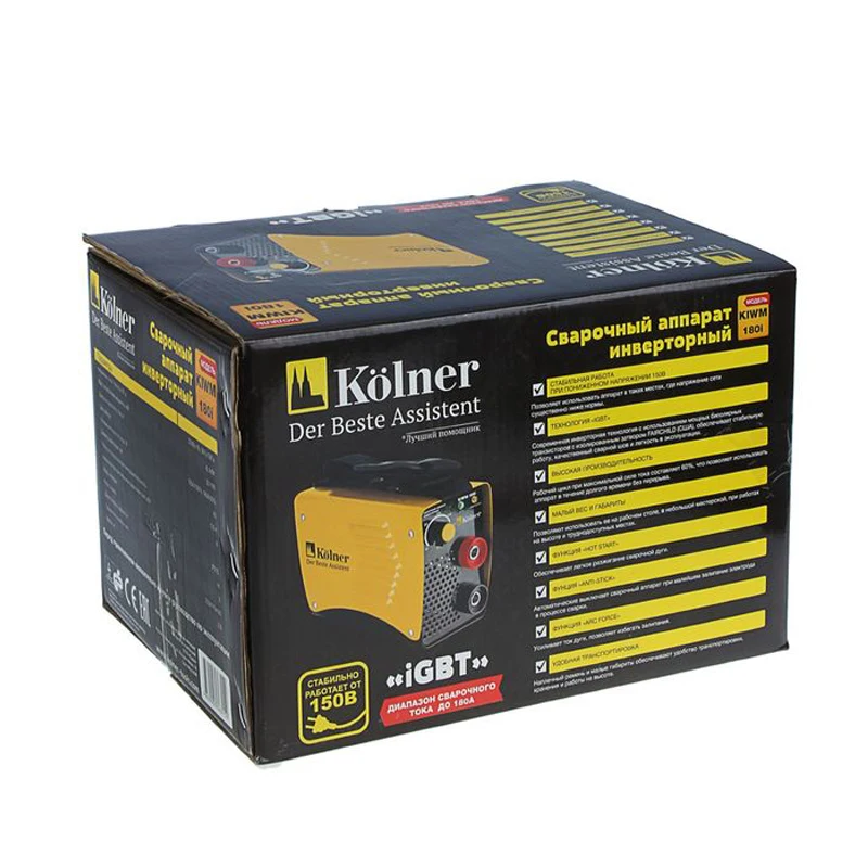 Аппарат сварочный инверторный Kolner KIWM 180 i (мощность 6100 Вт, диапазон тока 20-180 А, 180A/60% , диаметр электродов 1,6 - 4 мм, работа при пониженном напряжении)