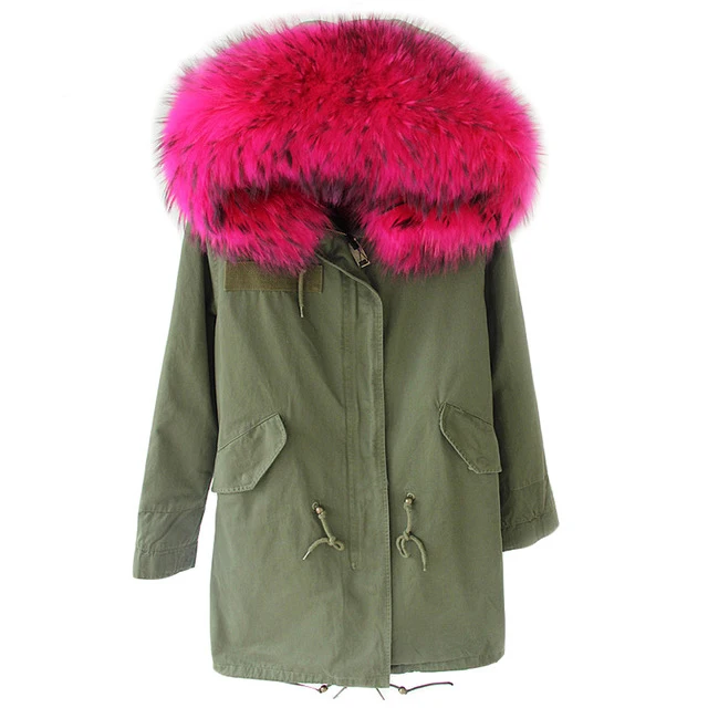 2016 Winter New Women Army Green Parka Jacket Coats Thick Real Raccoon Fur Collar Hooded Fur Lining Long Version Hot Sale Brand