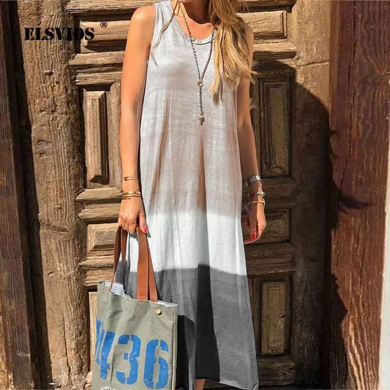 

ELSVIOS Plus Size Casual Stripe Print Patchwork Women Dress Elegant O-Neck Sleeveless Beach Summer Dress Ladies Loose Long Dress