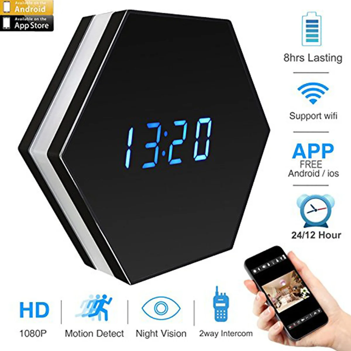 

JRGK Table Clock Mini Camera Night Vision Electronic Clock Baby Monitor Home Security Monitoring Wireless WIFI Camera IP P2P