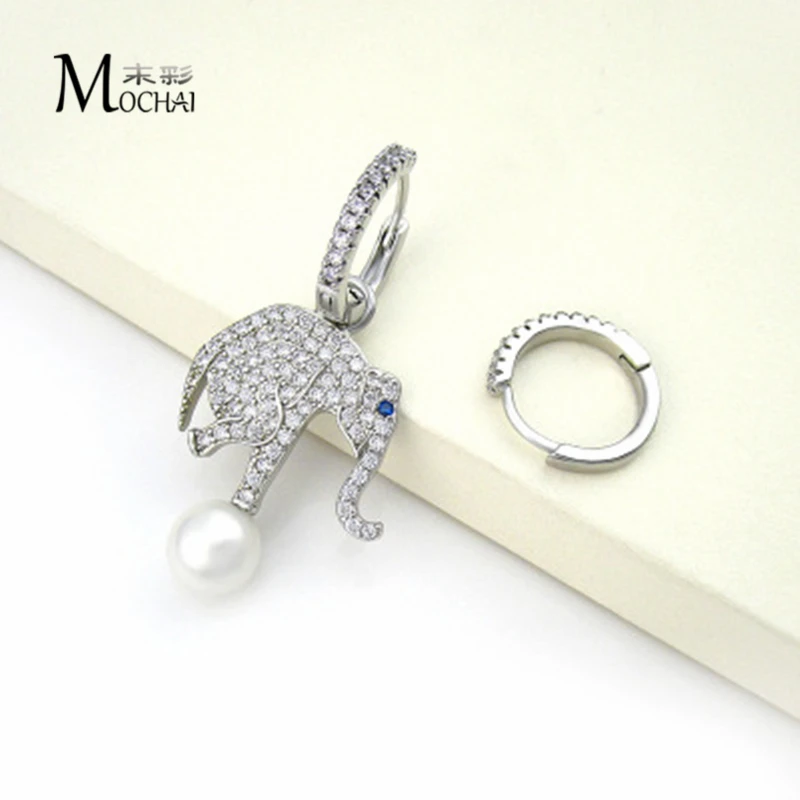 

Fashion Personality Design Asymmetric Elephant Earrings Female Micro Inlaid Zircon Pearl Long Earrings ZK40