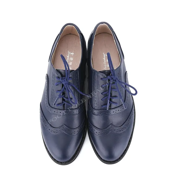 Vintage Flats Genuine Leather Fashion Single Shoes Women's Navy Blue