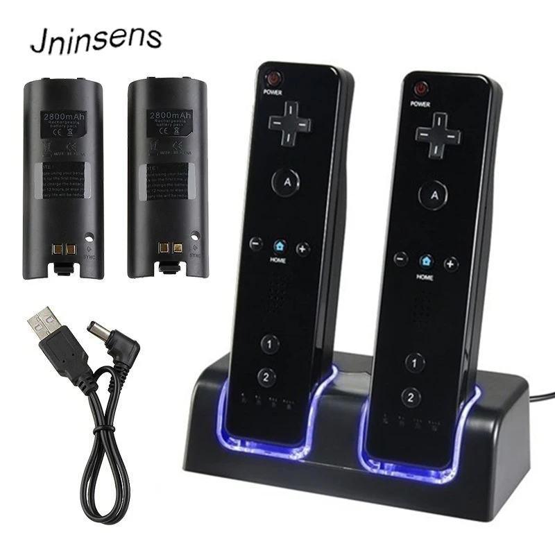 

Black Remote Controller Dual Charging Dock Station+2X 2800mAh Battery Pack With for Wii Blue LED Light for Nintendo