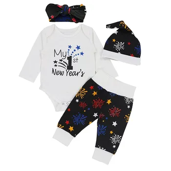 

Oklady 2019 Baby Clothes Set Boy My 1st New Years Romper Tops Firework Print Pants Hat Clothes Set Headband Clothes Baby Girl