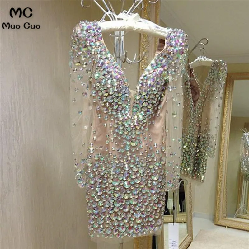 Deep V Neck Long Sleeves Homecoming Dresses Crystal Beaded