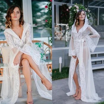 

Custom Made Hooded Night Robe Lace Long Sleeves Sweep Train Sexy Bathrobes Women Sleepwear