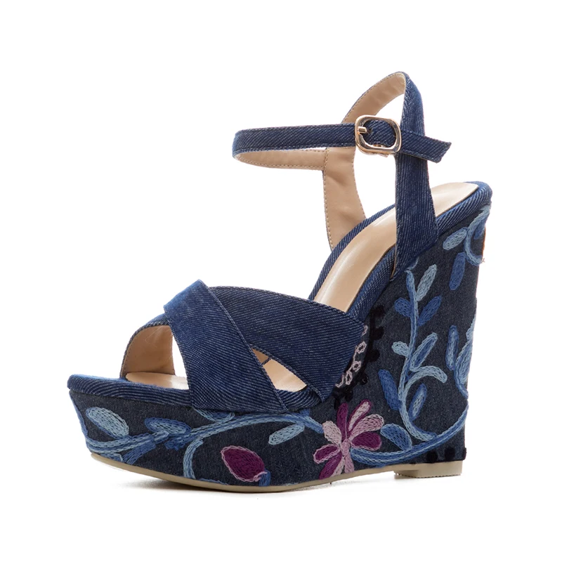 DoraTasia/высокое качество, Джинсовый верх, вышивка, Прямая поставка, синие летние туфли на платформе, сандалии, женские модные сандалии с ремешком на щиколотке для вечеринок - Цвет: Синий