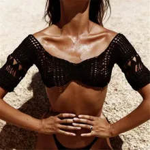 KLV сексуальная леди бикини однотонного цвета ретро-крючок Плетеный вязаный бандо Cami бретели для бюста Топ biquines para mulheres cintura alta#4