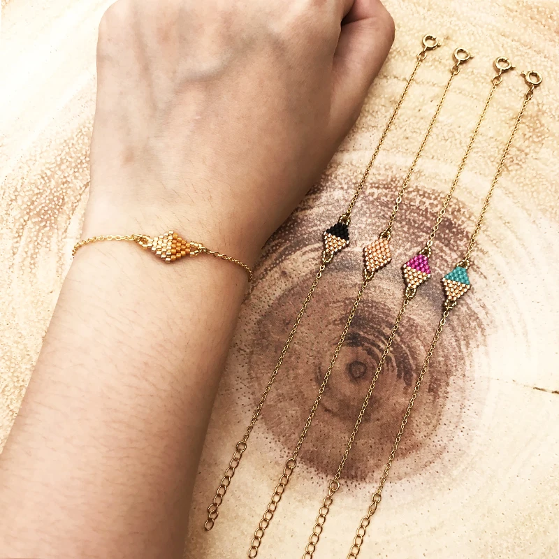 

2018 Empress New Fashion Woman Luck Rhombus Bohemia Headmade Crystal Bracelets Glass Miyuki Beads Gold Thin Chain Adjustable