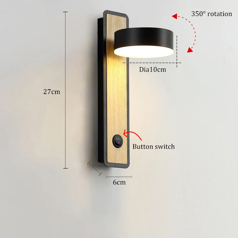 Настенный светильник с поворотом на 350 ° в скандинавском стиле, современный светодиодный настенный светильник для гостиной, прикроватный, черный, белый, с выключателем, декоративное бра, AC85-265V - Цвет абажура: Black