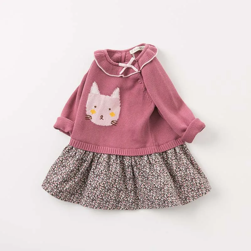 DBZ8071 dave bella/осеннее детское вязаное платье в стиле Лолиты; платья с длинными рукавами и принтом кота для девочек; Эксклюзивная детская одежда