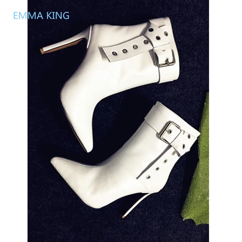 

2019 Fashion White Leather Women Ankle Boots Pointed Toe Buckle Strap Elegant Ladies High Heels Shoes Woman Winter Martin Boots