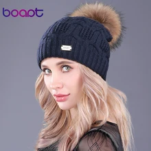 [boapt] Double-deck Knitted Wool Real Natural Raccoon Fur Pompon Hat Female Winter Braid Cap Headgear For Women Skullies Beanies