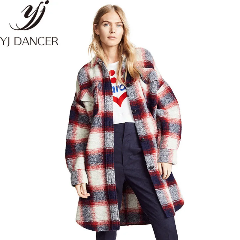 2018 Autumn Winter Woolen Coat New Loose Plaid Warm Coat In The Long Section Lapels Check Double Pocket Shirt Coat Women YZH508