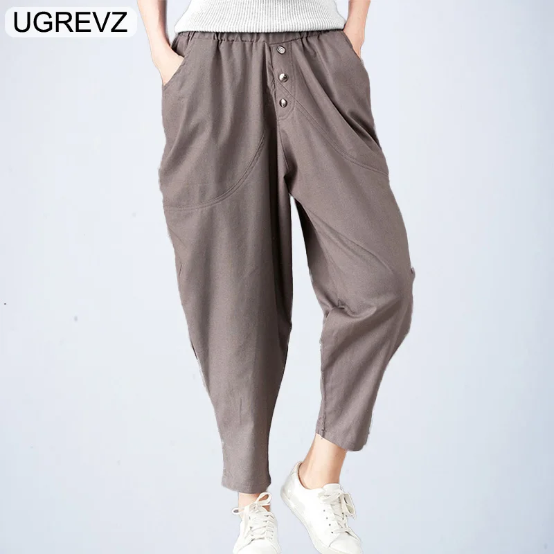 

UGREVZ Autumn Women Harem Pants Fashion Elegant Solid Elastic Waist Pockets Buttons Bottoms Casual Loose Ankle Length Trousers