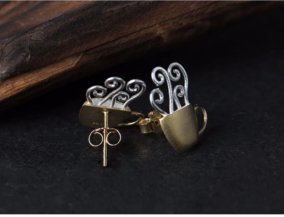 Lotus весело Настоящее стерлингового серебра 925 природных творческий ручной Fine Jewelry горячая чашка кофе Модные серьги стержня для женщин brincos