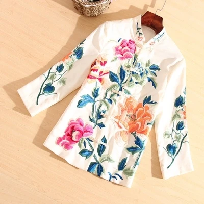 Китайская винтажная вышивка Yokosua куртка для женщин размера плюс S-4XL - Цвет: Белый