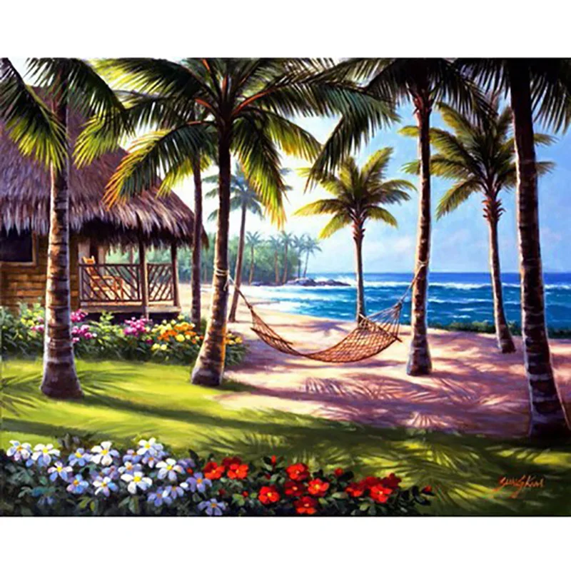 

5D Full Drilled Diy Diamond Painting Mosaic Handmade Summer Beach Landscape Cross Stitch Round Diamond Diamond Embroidery