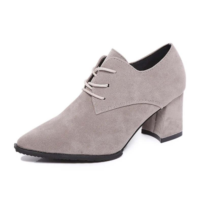 

High Quality Flock Comfortable Women Pumps Green Pointed Toe Gray Square Heels Shoes for Women OL Work Shoes D98 35