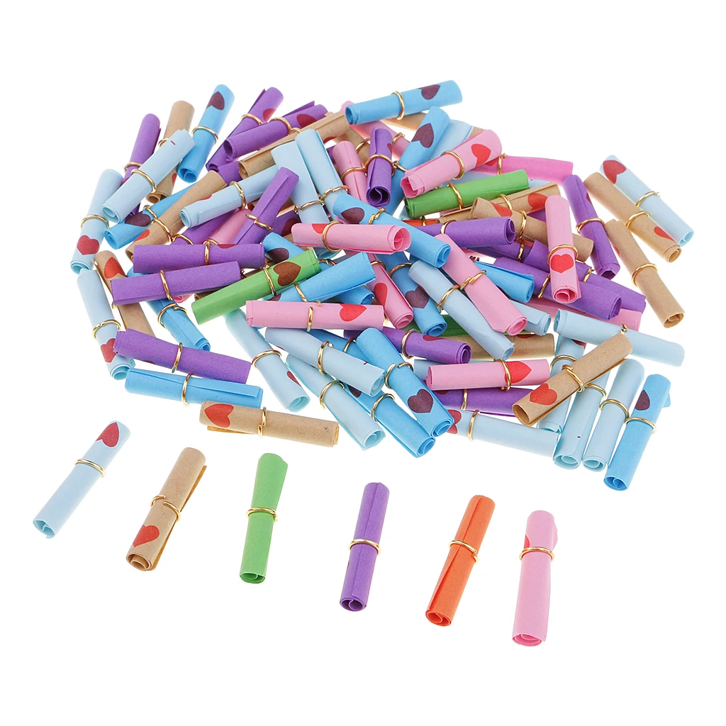 100x Message Wish Paper Scrolls for Wish Bottle Charms Party Favor DIY Craft Colorful Heart Printed Wishing Paper Scroll
