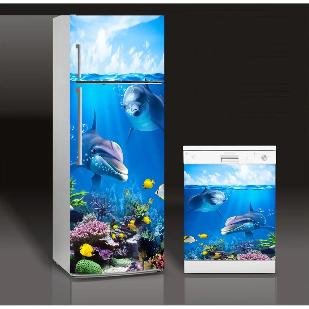 

3D Fridge Sticker Undersea Dophins Refrigerator Dishwasher Door Cover Kitchen Home Decoration Accessories Wall Stickers