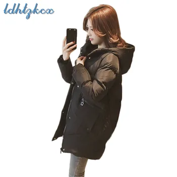 

Winter Coat Women Black Pink and White Plus Size Long Sleeve Hooded Parka 2018 New Korean Office Long Loose Thick Clothing LD647
