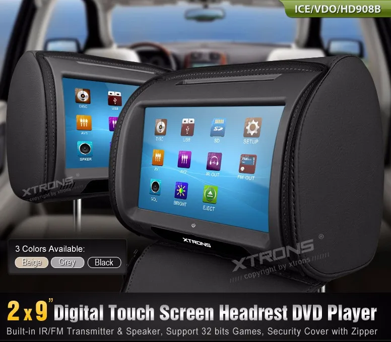 Discount 2x9" Black Color Touch Screen Car Headrest DVD Player with 2 IR Headphones 8 Bits & 32 Bits Games (Beige & Grey Optional) 0