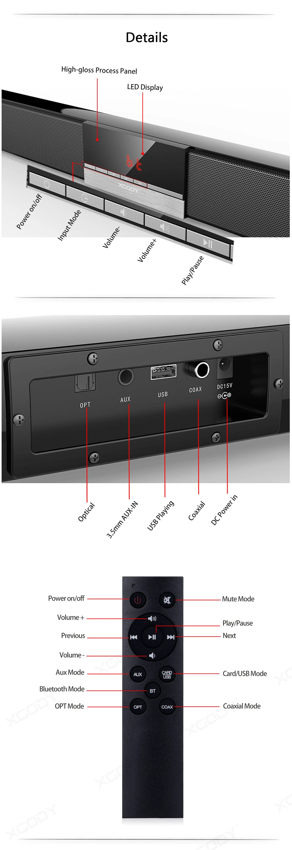 XGODY SR100 плюс Bluetooth Саундбар 40 Вт домашний кинотеатр тв звуковая панель беспроводной динамик Aux-In коаксиальный Оптический сабвуфер колонки