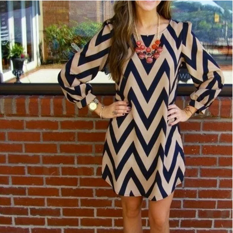 

Vestidos Ladies New Summer Dress Women Fashion Striped Wave Printing Shirt Slim Long Sleeve O Neck Casual Female Mini Dress