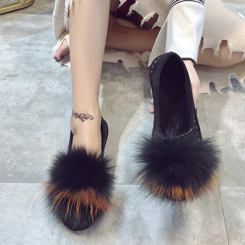 

Round Toe Fashion Flock Winter Women Fur Loafers Plush Slip on Shallow Solid Warm Flats Shoes Casual Elegant Women Shoes